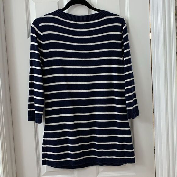 Liz & Co Size Large 3/4 sleeve pullover navy/white stripe sweater - Picture 2 of 10
